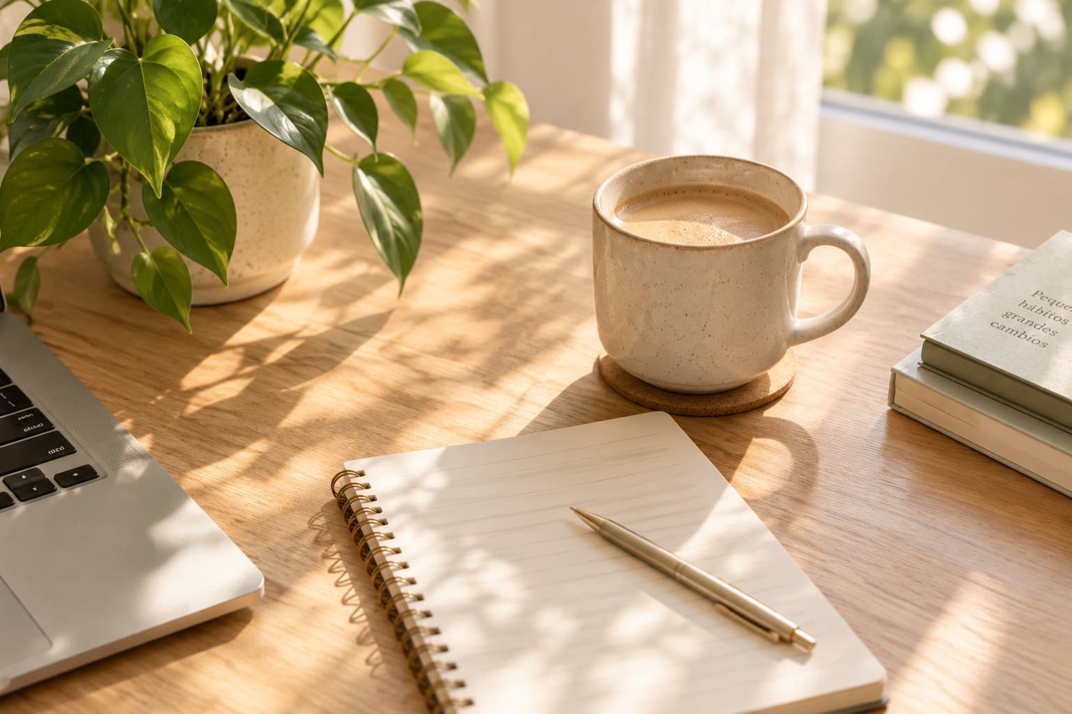 Taza de café, libreta y planta con luz natural sobre un escritorio de madera